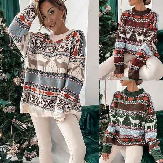 Cozy Christmas Cheer – Women’s Festive Round Neck Jacquard Sweater