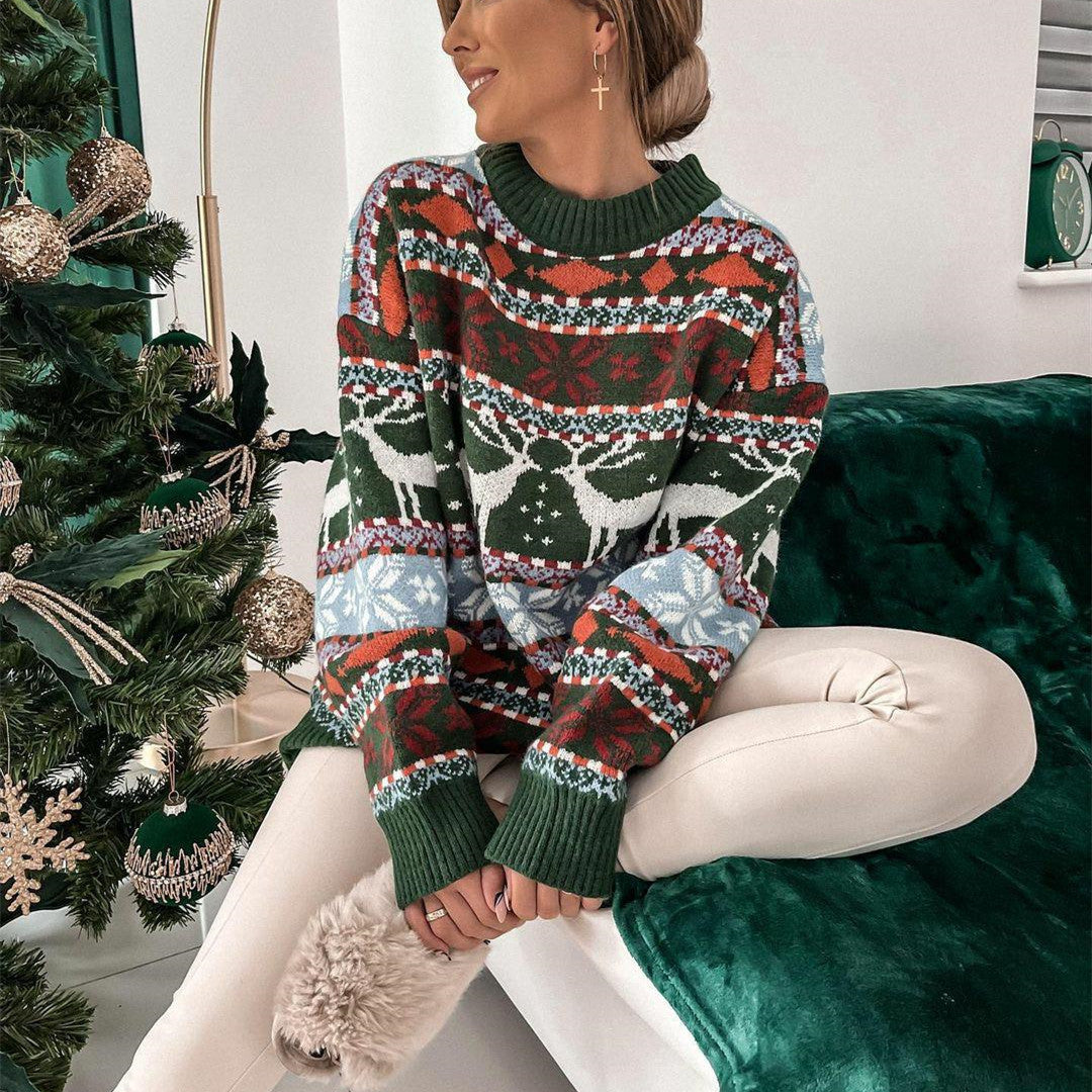 Cozy Christmas Cheer – Women’s Festive Round Neck Jacquard Sweater