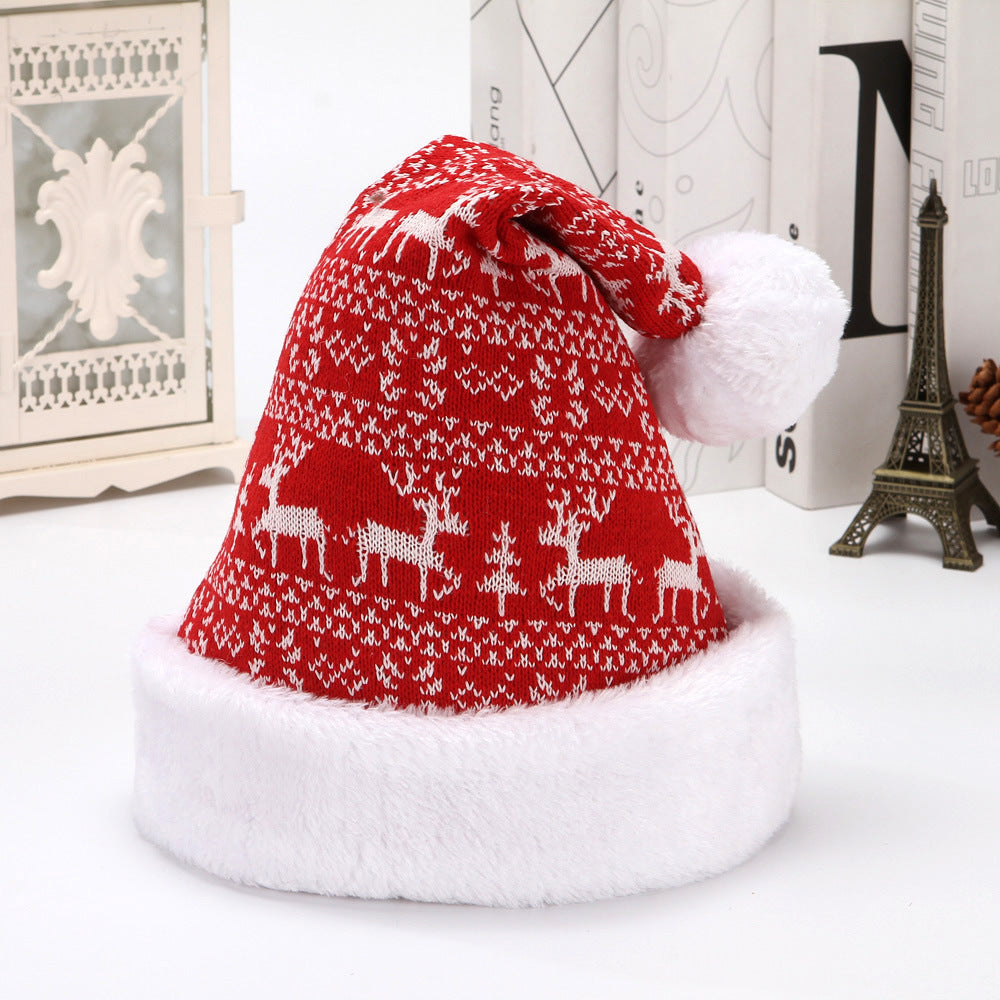"Cozy Knitted Christmas Hat with Snowflake & Deer Pattern – Warm Wool Flannel Holiday Beanie"