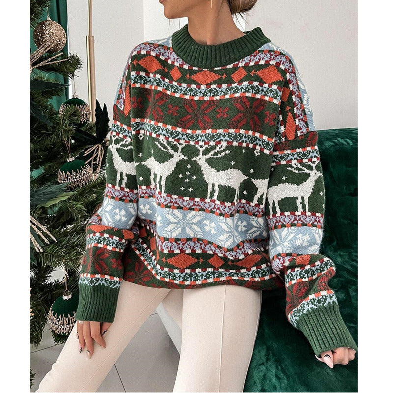 Cozy Christmas Cheer – Women’s Festive Round Neck Jacquard Sweater
