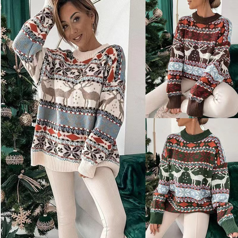 Cozy Christmas Cheer – Women’s Festive Round Neck Jacquard Sweater