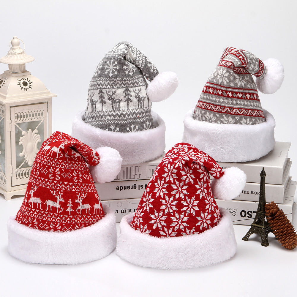 "Cozy Knitted Christmas Hat with Snowflake & Deer Pattern – Warm Wool Flannel Holiday Beanie"